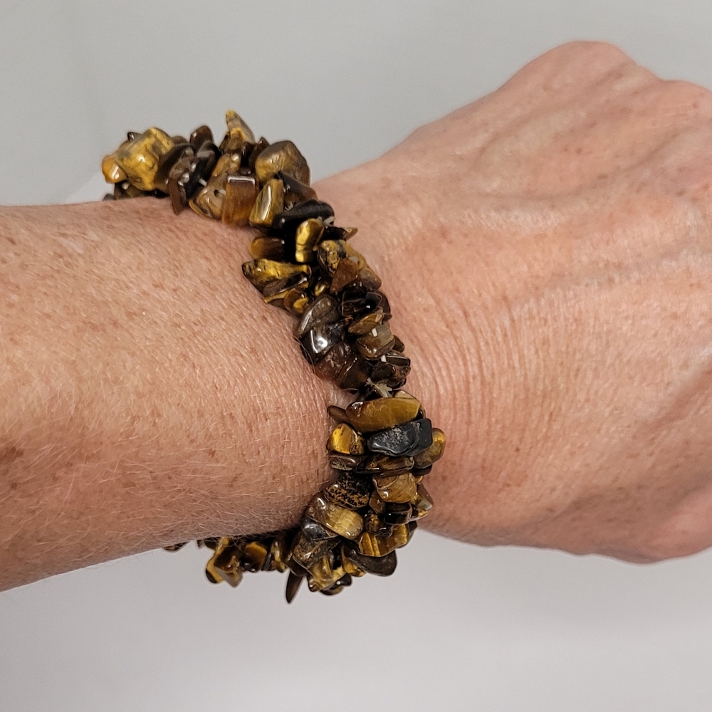 Tiger Eye Cuff Bracelet Vintage Natural Stone Triple Strand Stretch Bracelet